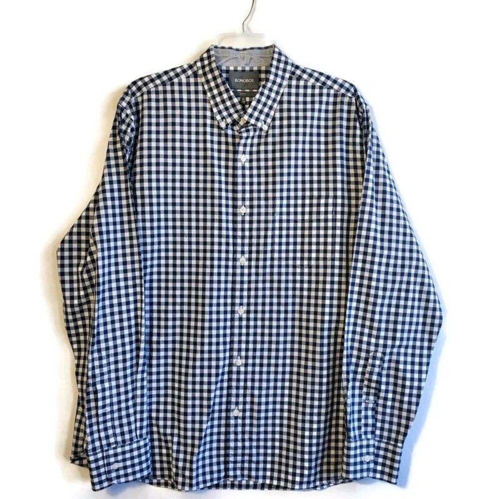 Bonobos Shirt Mens Long Sleeve Slim Fit Blue White Checks Button Down Cotton XL